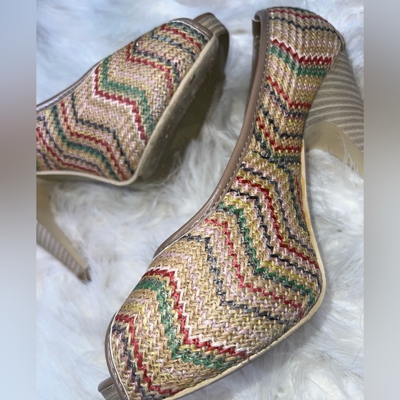 Italian Henry Ferrera Tan Y2K Peep Toe Wicker Wood Heels Stiletto Pumps 8 Italy - Picture 1 of 16